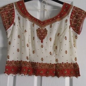 Elegant Red and Cream Embroidered Women's Top